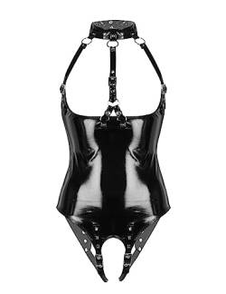 CHICTRY Wetlook Leder Body Damen Sexy Brustfrei Lack Latex Catsuit Ouvert Busen Offen Einteiler Unterwäsche Dessous Crotchless Lingerie Schwarz A L von CHICTRY