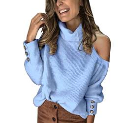 Pullover Pullover für Damen Langarm Casual Rollkragen Off-Shoulder Mode Tops Einfarbig Knöpfe Blusen Frühling Sommer Tops Shirt von CHIDY