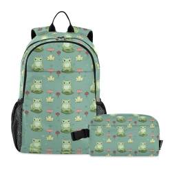 2-teiliges Rucksack-Set, niedliche Frösche und Blumen, für Kinder, Schultasche, Reisetasche, Büchertasche mit Lunchbox von CHIFIGNO