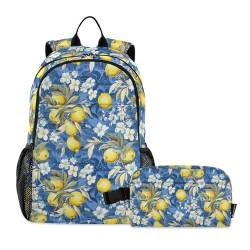 CHIFIGNO 2-teiliges Rucksack-Set, Aquarell-Zitronen und weiße Blumen, Kinder-Schultasche, niedlicher Rucksack mit isolierter Lunchbox von CHIFIGNO