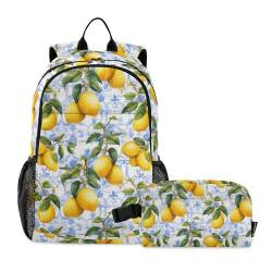 CHIFIGNO 2-teiliges Rucksack-Set, Aquarellmalerei von Zitronen, Schulbüchertaschen, Reisetasche, Büchertasche mit Lunchbox von CHIFIGNO