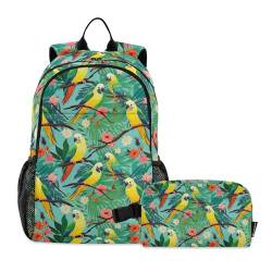 CHIFIGNO 2-teiliges Rucksack-Set, Grün/Gelb, Papageien, tropische Blumen, Schultasche, Büchertasche, Teenager-Rucksack, Tagesrucksack mit Lunchtasche von CHIFIGNO