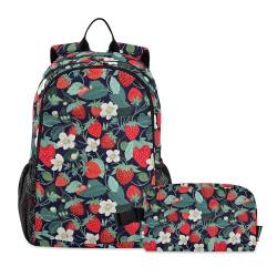 CHIFIGNO 2-teiliges Rucksack-Set, süße Erdbeeren und Gänseblümchen, Schultasche, Teenager-Rucksack, Tagesrucksack mit isolierter Lunchtasche von CHIFIGNO