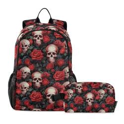 CHIFIGNO 2-teiliges Rucksack-Set mit Lunchbox, Motiv: Totenköpfe und rote Rosen, Kinder-Reiserucksack, Schulbüchertasche von CHIFIGNO