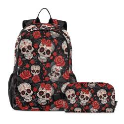 CHIFIGNO 2-teiliges Rucksack-Set mit Totenköpfen und roten Rosen, Schul-Büchertasche, Teenager, Laptop-Rucksack mit isolierter Lunchtasche von CHIFIGNO