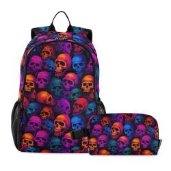 CHIFIGNO 2-teiliges Rucksack-Set mit bunten neonfarbenen Totenköpfen, Schulbüchertaschen-Set mit Lunchbox, leichter Rucksack von CHIFIGNO