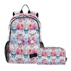 CHIFIGNO Aquarell-Rucksack mit Totenköpfen und Blumen, 2-teilig, für Kinder, Schultasche, niedlicher Rucksack mit Lunchbox von CHIFIGNO