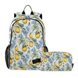 CHIFIGNO Aquarell-Rucksack mit Zitronen und Blumen, 2-teilig, Schultasche, Teenager, Tagesrucksack mit Lunchbox von CHIFIGNO