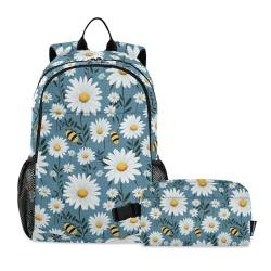 CHIFIGNO Kinderrucksack, Motiv: Bienen, weiße Gänseblümchen auf Blau, für Jungen und Mädchen, Schulranzen-Set mit isolierter Lunchbox, Reise-Büchertasche von CHIFIGNO