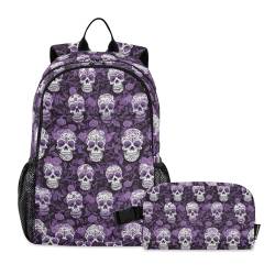 CHIFIGNO Lila Sugar Skulls Rucksack für Mädchen, Jungen, Kinder, Schultaschen-Set mit isolierter Lunchbox, niedlicher Rucksack von CHIFIGNO