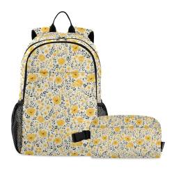 CHIFIGNO Niedliche gelbe Blumen, 2-teiliges Rucksack-Set, Schulbuchtaschen, Set mit Lunchbox, Mittelschule, Tagesrucksack von CHIFIGNO