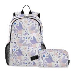 CHIFIGNO Provence Cute Birds Lavender Violet 2-teiliges Rucksack-Set für die Schule, Büchertaschen, Set mit isolierter Lunchbox, Grundschulrucksäcke von CHIFIGNO