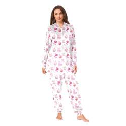 CHIFIGNO Pyjama Einteiler für Erwachsene mit Kapuze Einteiler Pyjama Weihnachten Nachtwäsche Onesie Outfit Hauskleidung, Rosa Cupcake und Lutscher, weiß, Medium von CHIFIGNO
