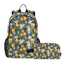 CHIFIGNO Rucksack, Motiv: Früchte, Zitrone, weiße Blumen, 2-teilig, Schulbüchertasche, niedlicher Rucksack mit Lunchbox von CHIFIGNO
