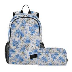 CHIFIGNO Rucksack, Motiv: blaue Blumen und Blätter, 2-teilig, Schulbüchertaschen, leichter Rucksack mit Lunchtasche von CHIFIGNO