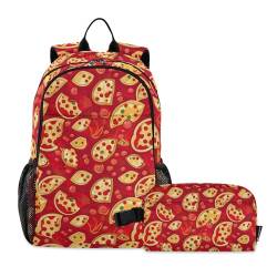 CHIFIGNO Rucksack-Set mit isolierter Lunchbox, niedlicher Rucksack, Schulbüchertaschen, Cartoon-Pizza-Rot, 2-teilig von CHIFIGNO