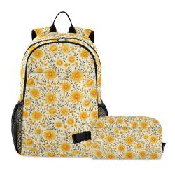 CHIFIGNO Rucksack für Kinder, Vintage-Sonnenblumen, Gelb, für Jungen und Mädchen, Schultaschen-Set mit isolierter Lunchtasche, Grundschule von CHIFIGNO