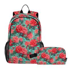 CHIFIGNO Rucksack für Mädchen, Jungen, Kinder, Schulranzen-Set mit Lunchbox, leichter Rucksack, Rosa / Rot / Türkis von CHIFIGNO