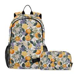 CHIFIGNO Rucksack für Mädchen, Jungen, Kinder, Schulranzen-Set mit Lunchtasche, Reiserucksack, Orange, Zitrusfrüchte und Blumen von CHIFIGNO