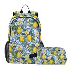 CHIFIGNO Rucksack im sizilianischen Stil, gelbe Zitronen, blaue Blumen, 2-teiliges Rucksack-Set, Schultasche, Büchertasche, Teenager-Rucksack, Tagesrucksack mit isolierter Lunchtasche von CHIFIGNO