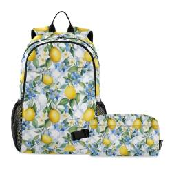 CHIFIGNO Rucksack mit Aquarell-Zitronen und blauen Blumen, für Mädchen, Jungen, Kinder, Schulranzen-Set mit Lunchtasche, Grundschüler, Rucksack von CHIFIGNO