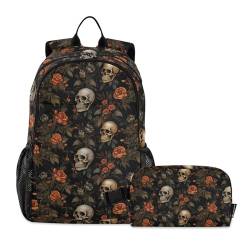 CHIFIGNO Rucksack mit Totenköpfen und roten Rosen, 2-teiliges Rucksack-Set für Kinder, Schultasche, Reiserucksack mit isolierter Lunchbox von CHIFIGNO