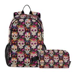 CHIFIGNO Rucksack mit bunten Totenköpfen und Blumen, für Jungen, Mädchen, Kinder, Schultasche, Teenager, Tagesrucksack mit isolierter Lunchtasche von CHIFIGNO