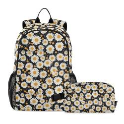CHIFIGNO Rucksack mit weißen und gelben Gänseblümchen, 2-teilig, für Kinder, Schultasche, Grundschüler, Rucksack mit Lunchtasche von CHIFIGNO