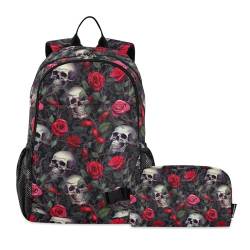 CHIFIGNO Schulrucksack-Set mit Totenköpfen mit roten Rosen und Zweigen, für Kinder, Schulrucksack, Büchertaschen-Set mit isolierter Lunchtasche, Teenager-Rucksack, Tagesrucksack von CHIFIGNO