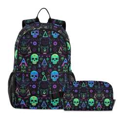 CHIFIGNO Schulrucksack-Set mit neonfarbenen Totenköpfen und isolierter Lunchtasche, Grundschüler-Rucksack von CHIFIGNO