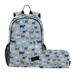 CHIFIGNO Schulrucksack mit Lunchbox für Mädchen Jungen, Grundschule Mittelschule Rucksäcke Kinder Schultasche, Bunte Bauernhoftiere, Kühe, Einheitsgröße von CHIFIGNO