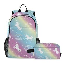 CHIFIGNO Sommer-Rucksack mit Blumenmuster und Erdbeeren, Schulrucksack, Schultasche, Teenager, Laptop-Rucksack mit Lunchtasche, Einhorn-Silhouette, Einheitsgröße von CHIFIGNO