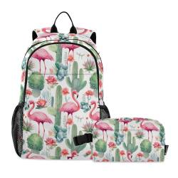 CHIFIGNO Tropische Flamingos Blumen Kaktus Schulrucksack Schule Buch Tasche Set mit Lunchbox Leichter Rucksack von CHIFIGNO