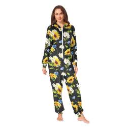 CHIFIGNO Unisex Erwachsene Einteiler Pyjama Loungewear Weihnachten Nachtwäsche Einteiler Outfit Reißverschluss Overall mit Taschen, Sonnenblumen, Medium von CHIFIGNO