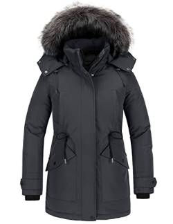 CHIN·MOON Damen Winter Warm Mantel Winddichte Pufferjacke Lang Outdoor Parka Gesteppte Verdickte Jacke mit Kunstpelz Kapuze Dunkelgrau M von CHIN·MOON