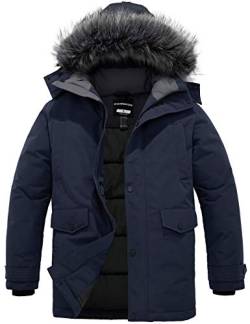 CHIN·MOON Herren Winter Warm Mantel Winddichte Pufferjacke Lang Outdoor Parka Gesteppte Verdickte Jacke mit Kunstpelz Kapuze Blau M von CHIN·MOON