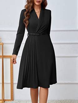 Summer Women's Black Dress Shawl Collar Pleated Hem Buckled Belted Dress A-Line High Waist von CHOOYO