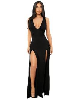 Summer Women's Black Dress Solid Slit Thigh Plunging Neck Bodycon Maxi Dress Sleeveless Sexy von CHOOYO