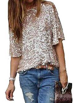 CHOSERL Damen Sommer Pailletten Tops Glitzer Party Shirt Kurzarm Funkeln Blusen T-Shirt, gold, Large von CHOSERL