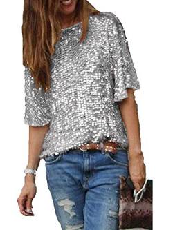 CHOSERL Damen Sommer Pailletten Tops Glitzer Party Shirt Kurzarm Funkeln Blusen T-Shirt, silber, X-Large von CHOSERL