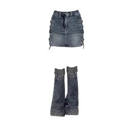 CHOUBAGUAI 90er-Jahre-Damen-Zweiteiler-Rock-Set, hoher Taillen-Jeansrock mit Beinstulpen, Y2k-Vintage-Musik-Festival-Outfits-1-L von CHOUBAGUAI