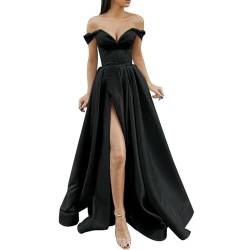 CHOUBAGUAI Ballkleider für Damen, elegant, mit hohem Schlitz, Lange Kleider, Crisn-Satin, Spaghetti-Party-Abschlussballkleid, Cocktailkleider für Damen, Vestidos-Schwarz-XL von CHOUBAGUAI