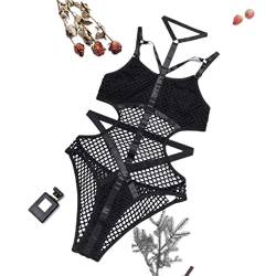 CHOUBAGUAI Durchsichtiger Strick-Fischnetz-Body für Damen, sexy Gothic-Dessous, Cargohose, Ausschnitt, ärmellos, Bodysuit, schwarze Spitze, Top-Schwarz, S von CHOUBAGUAI