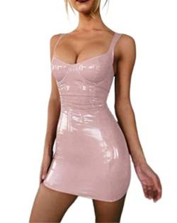 CHOUBAGUAI Rückenfreies Club-Partykleid durchscheinend schwarz Wetlook Latex Skinny Kunstleder Push Up Gothic Mini Body - Rosa, 6XL von CHOUBAGUAI