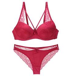 CHOUBAGUAI Sexy 3/4 Cup Spitze Unterwäsche Set Push Up BH Set Sexy Spitze Dessous Set - Burgunderrot, 95B von CHOUBAGUAI