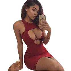 CHOUBAGUAI Sexy Frauen-Verband, figurbetontes Minikleid, einfarbig, ärmellos, Neckholder, dünn, Abendparty, Clubkleidung, Kleider, Dame, ausgehöhltes Kleid, Rot, L von CHOUBAGUAI