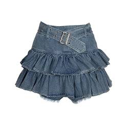 Japanischer Stil Kawaii Kuchen Jeansrock mit Gürtel lässig Frühling Sommer Retro Rüschen Jeans Minirock Ballkleid-Rock-S von CHOUBAGUAI