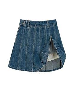 Jeansrock Damen Röcke Shorts Blau Vintage Y2k Split A-Linie Mini Plissee Jeansrock Chic Koreanisch Harajuku Mode Sommer-Dunkelblau-L von CHOUBAGUAI