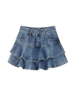 Punk Y2K Harajuku Denim Mini Faltenrock Damen Sommer Casual Hohe Taille Jeans Kurze Röcke Frauen Rüschen Mode Koreanisch-Blau-XL von CHOUBAGUAI