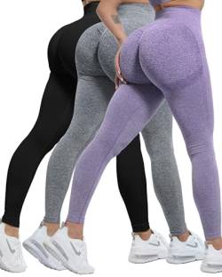 CHRLEISURE 3 Stück Butt Lifting Leggings für Frauen, Gym Workout Scrunch Butt Nahtlose Yoga Leggings, 3 Packungen – Schwarz/Grau/Violett, S von CHRLEISURE